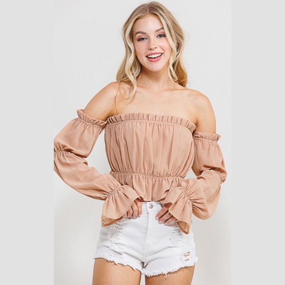 Better Be Tops - Beige Mocha Long Sleeve Off the Shoulder Wooldobby Top